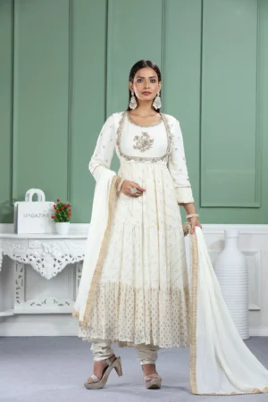 Offwhite Chinon Butti Anarkali Set