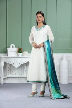 Offwhite Handloom Jacquard Kalidar Kurta Set