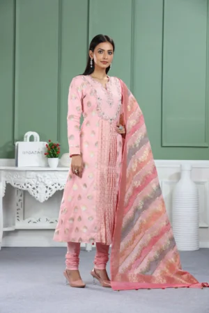 Peach Handloom Zari Butti Jacquard Kurta Set