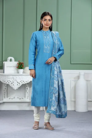 Blue Chanderi Pleated Kurta Set